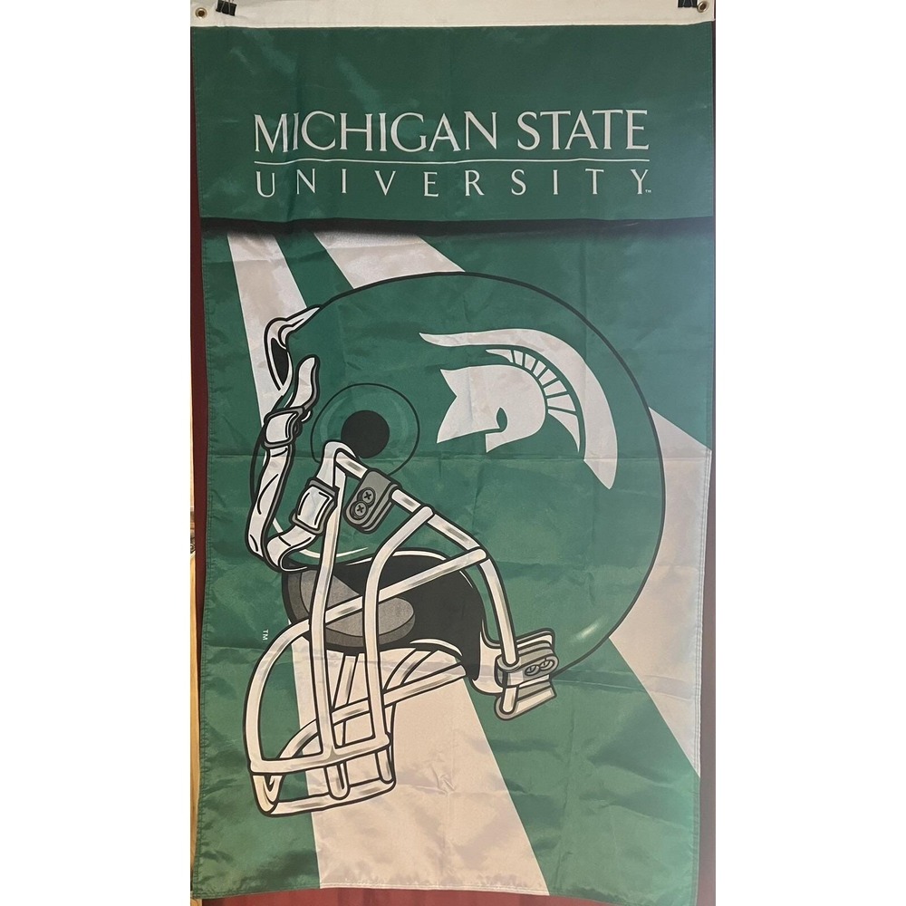 Vtg Michigan State University MSU Spartans 60" X 34" Banner Flag Green White Vtg